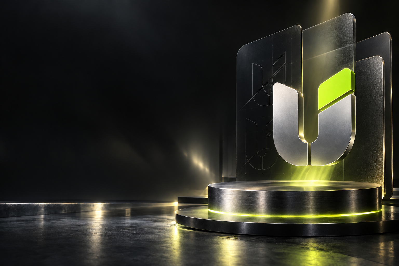 Brushed-metal UNMINT U sculpture with a lime accent above an illuminated circular platform